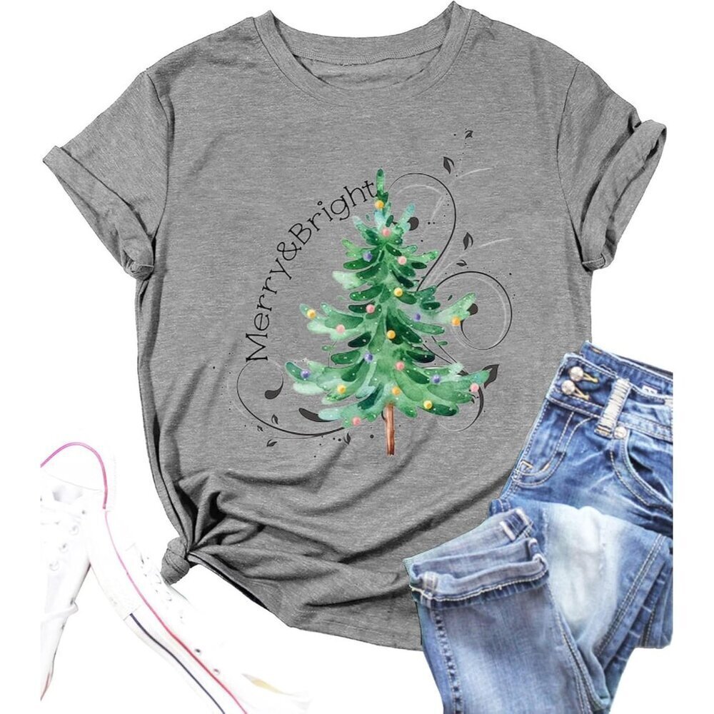 Christmas Shirts Women Xmas Tree Graphic T-Shirt Holiday Tops Crew Neck